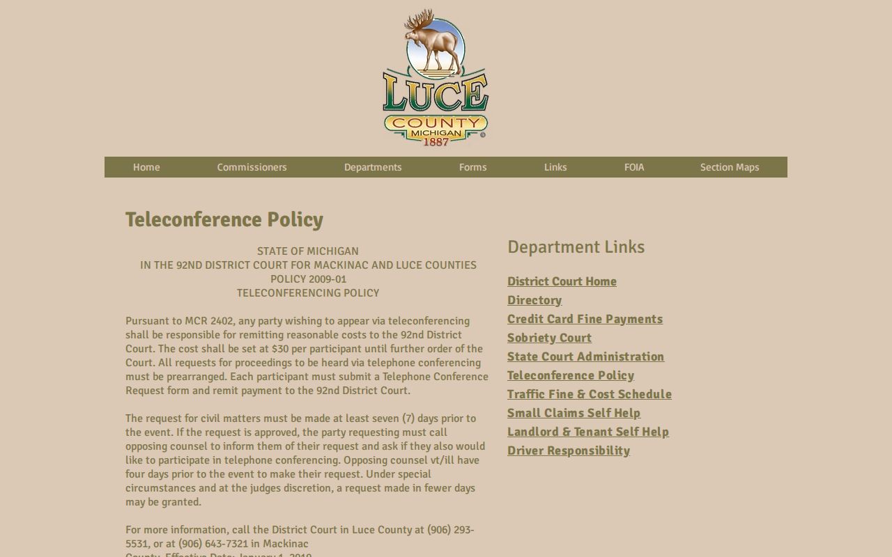 Luce County court schedule teleconference request policy reference