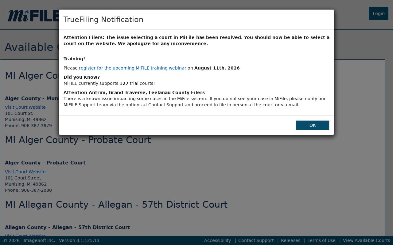 Luce County court records e-filing availability in Michigan MiFILE